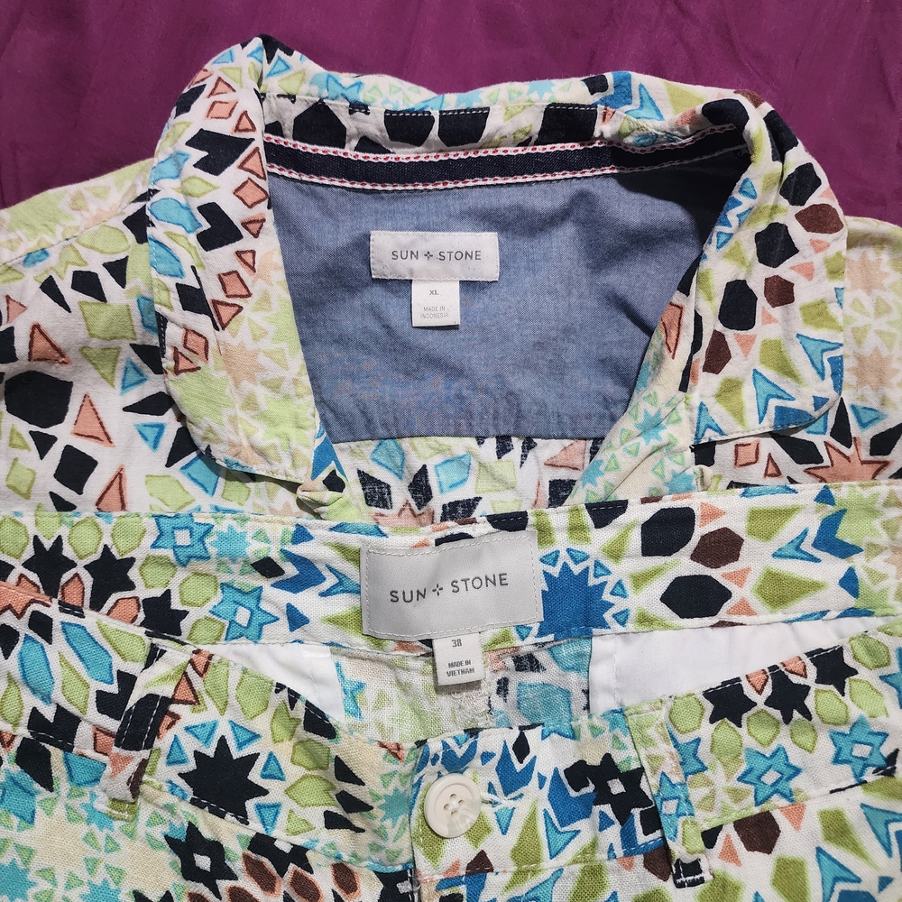 Sun + Stone Men's Colorful Geometric Button Down Shirt And Shorts